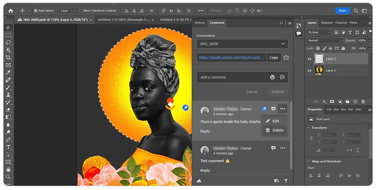 Adobe Ilustrators main interface with Share for commenting program feature