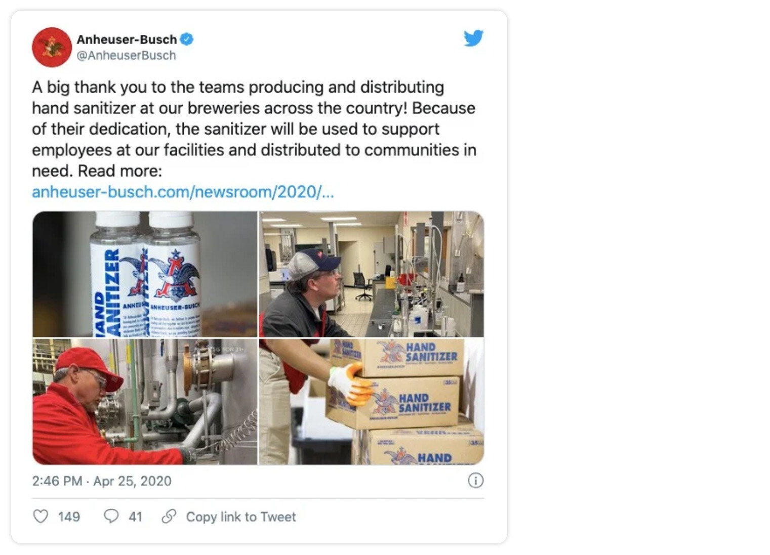 Anheuser-Busch Twitter post about producing and distributing hand sanitizer