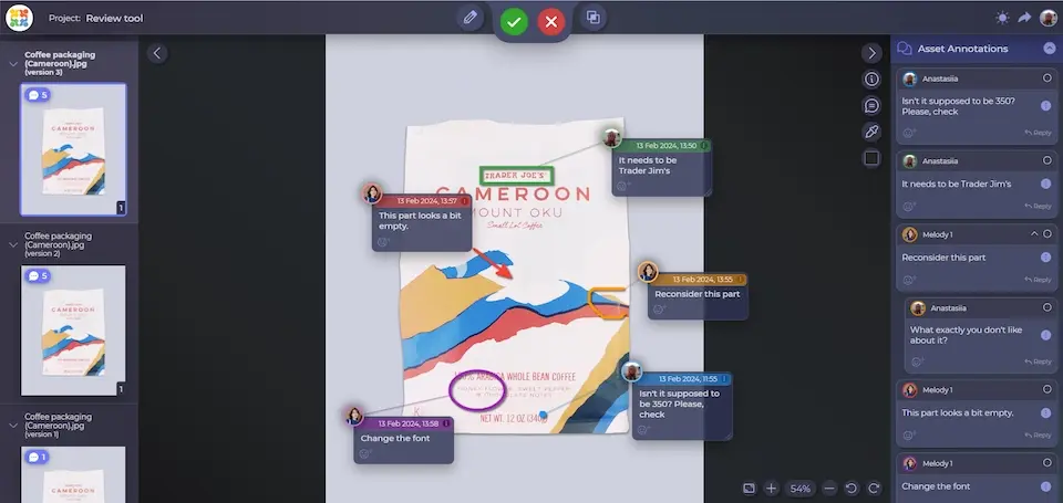 Approval studio dashboard layout with assets on the left and comments on the right