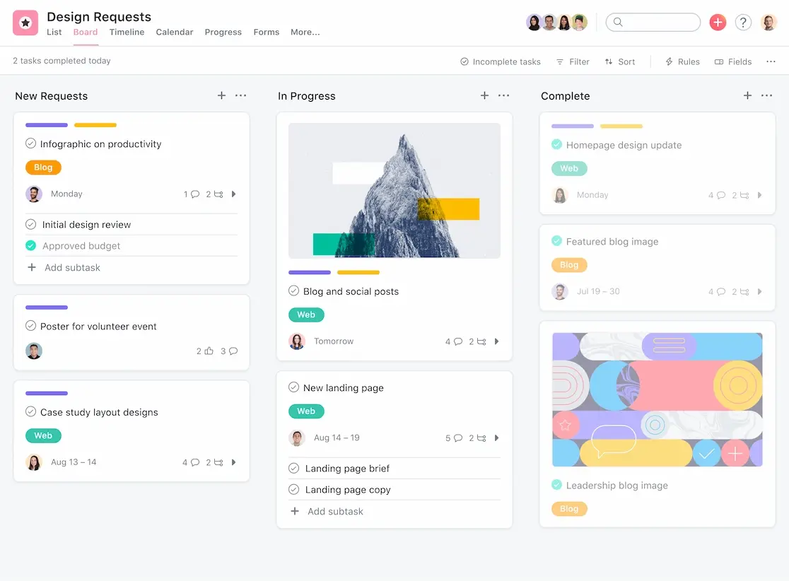 Asana kanban view dashboard of a project management layout