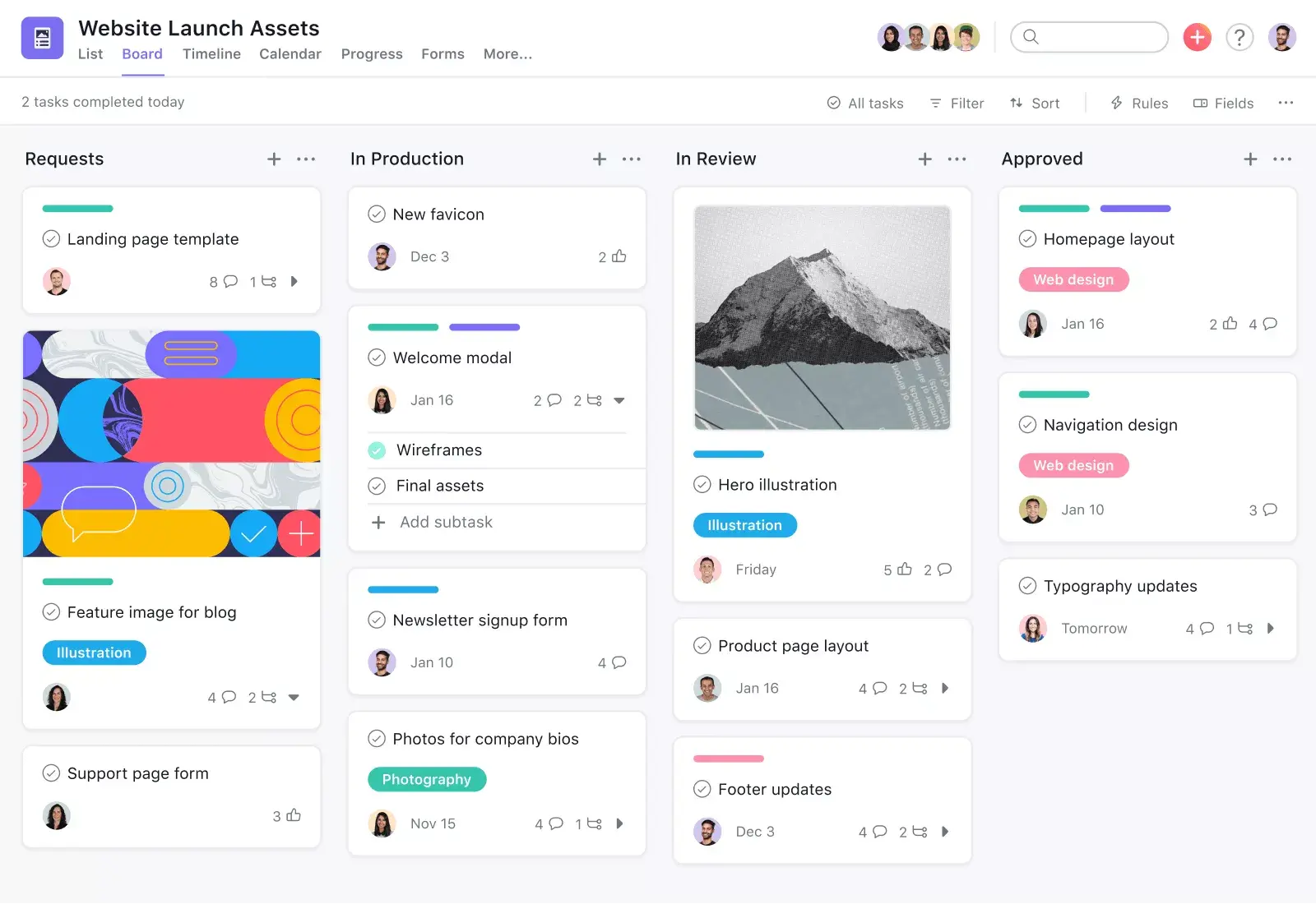 Asana main dashboard user interface with kanban view of tasks list