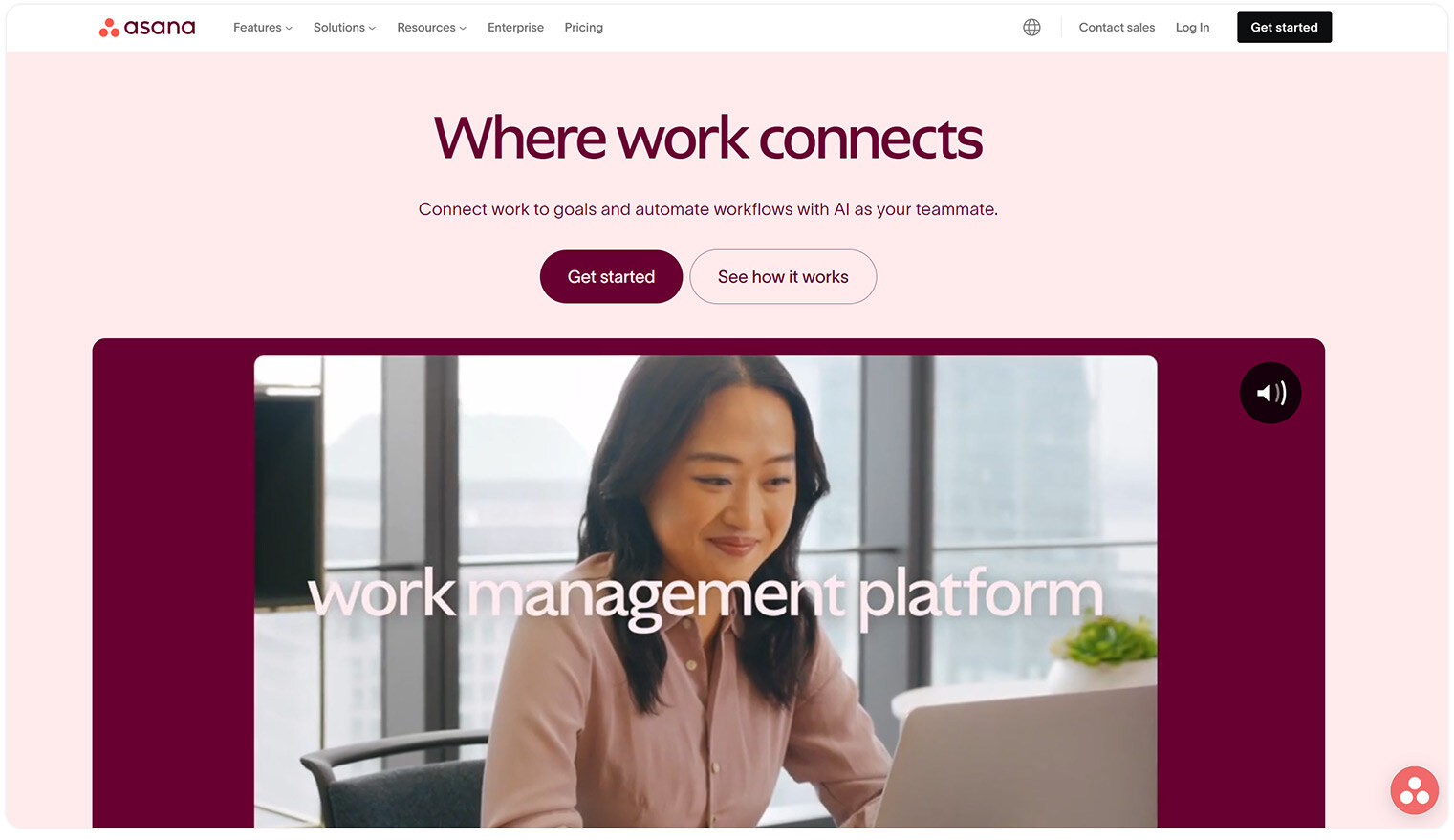 Asana website homepage with the title - Where work connects and cta buttons