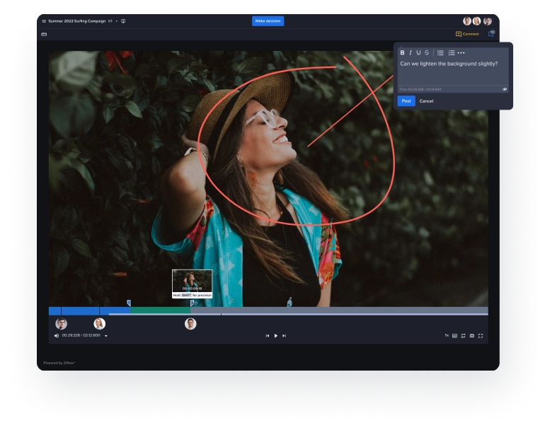 Capture frame-accurate feedback - woman in a hat inside video proof ziflow - for video production