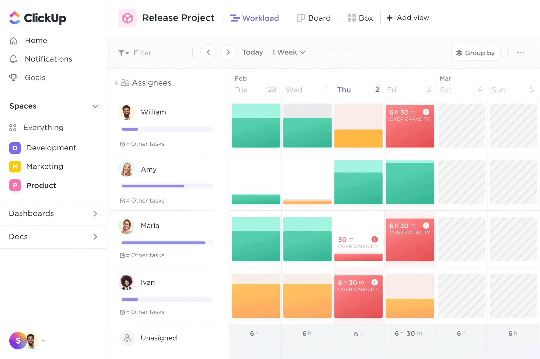 Clickup project management app calendar view with stakeholders progress status