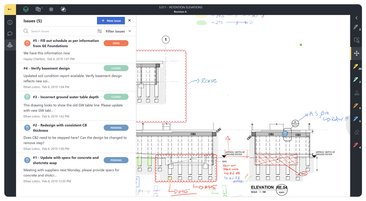 Drawboard Projects user interface with Issues lists sidebar