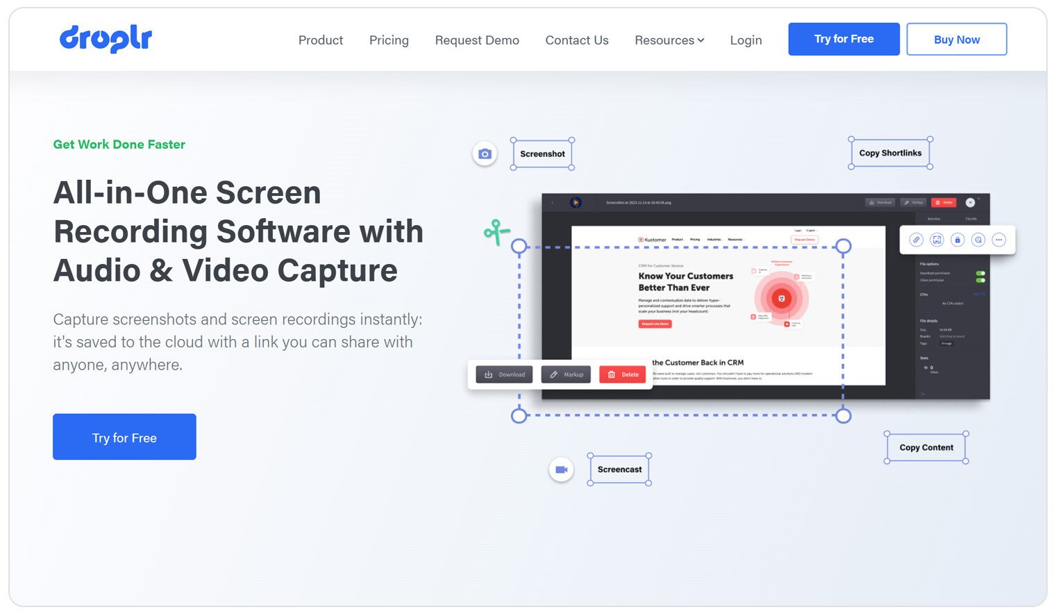 Droplr all-in-one screen recording software with audio and video capture landing page header