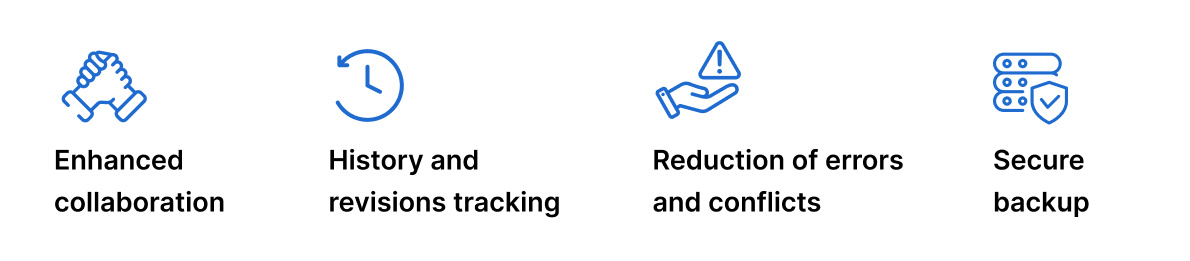 Enhanced collaboration, history and revisions tracking, reduction of errors and secure backup icons