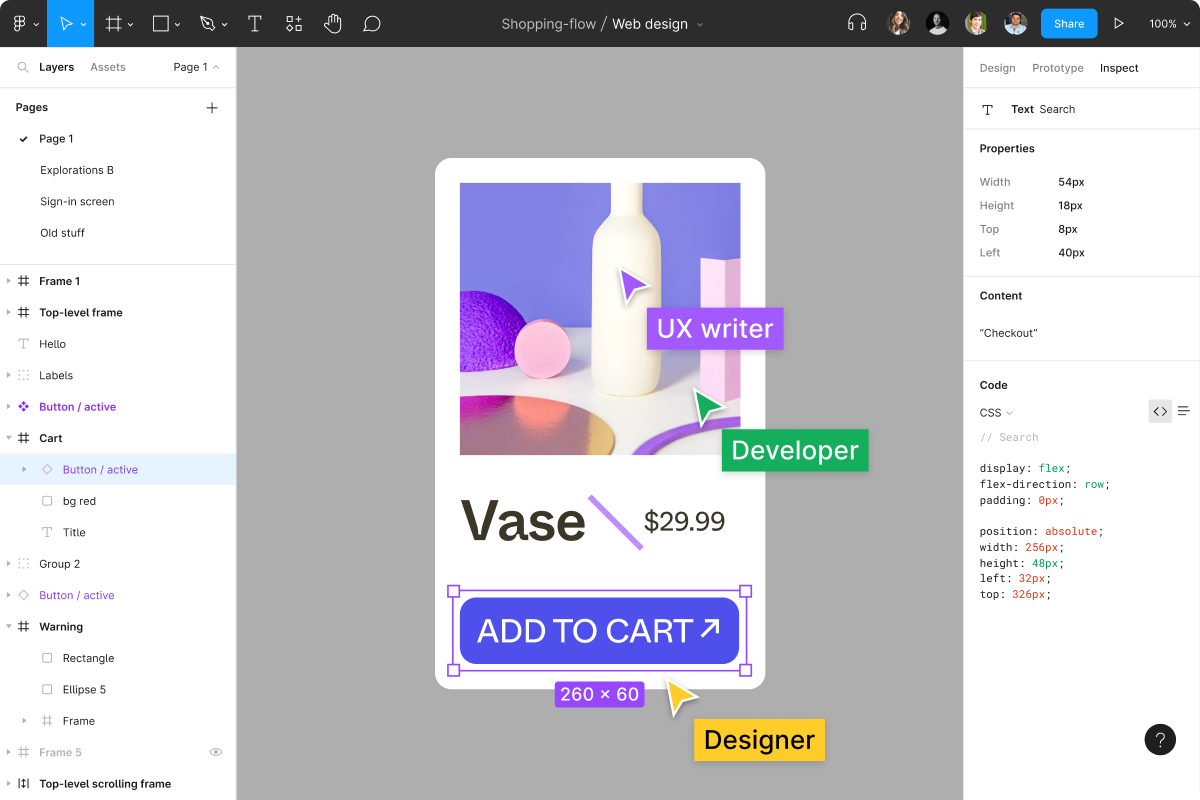 Figma cart design with ux writer, designer and developer collaborating at the same time