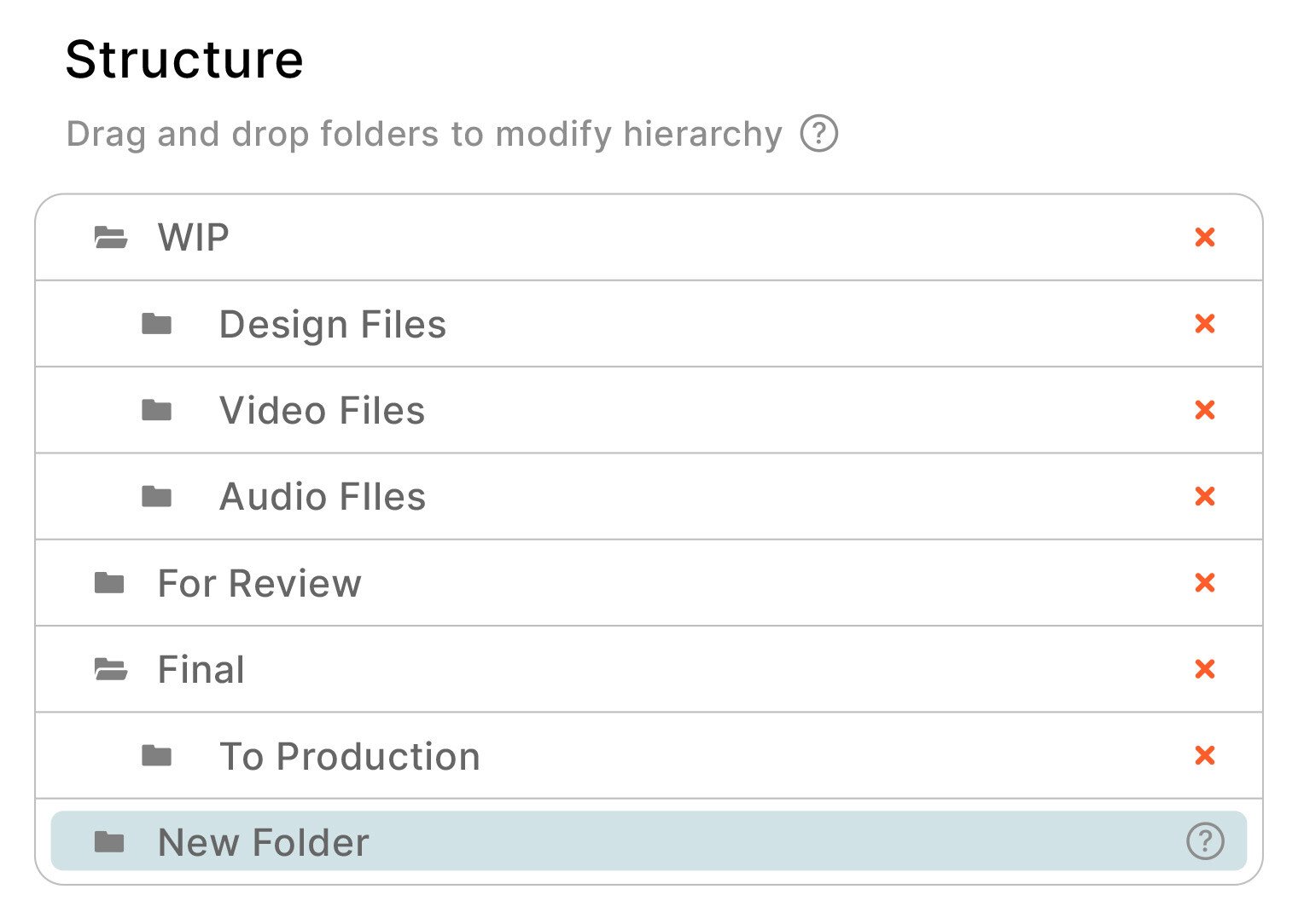 Folder files structure hierarchy - design files, video files, audio files, for review, final, to production