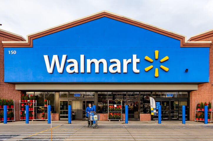 Front of the Walmart store with huge Walmart sign on the wall