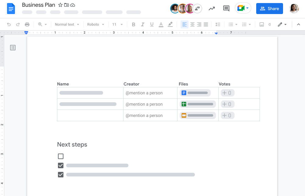 Google docs document editing screen with a tasks list table presented
