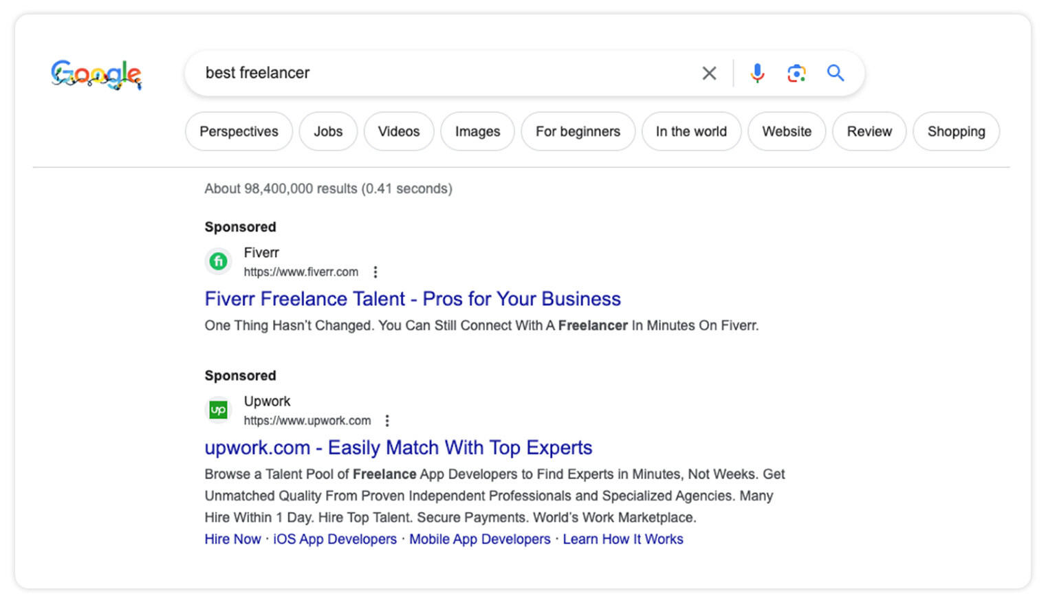 Google search results list for best freelancer phrase in a search bar written