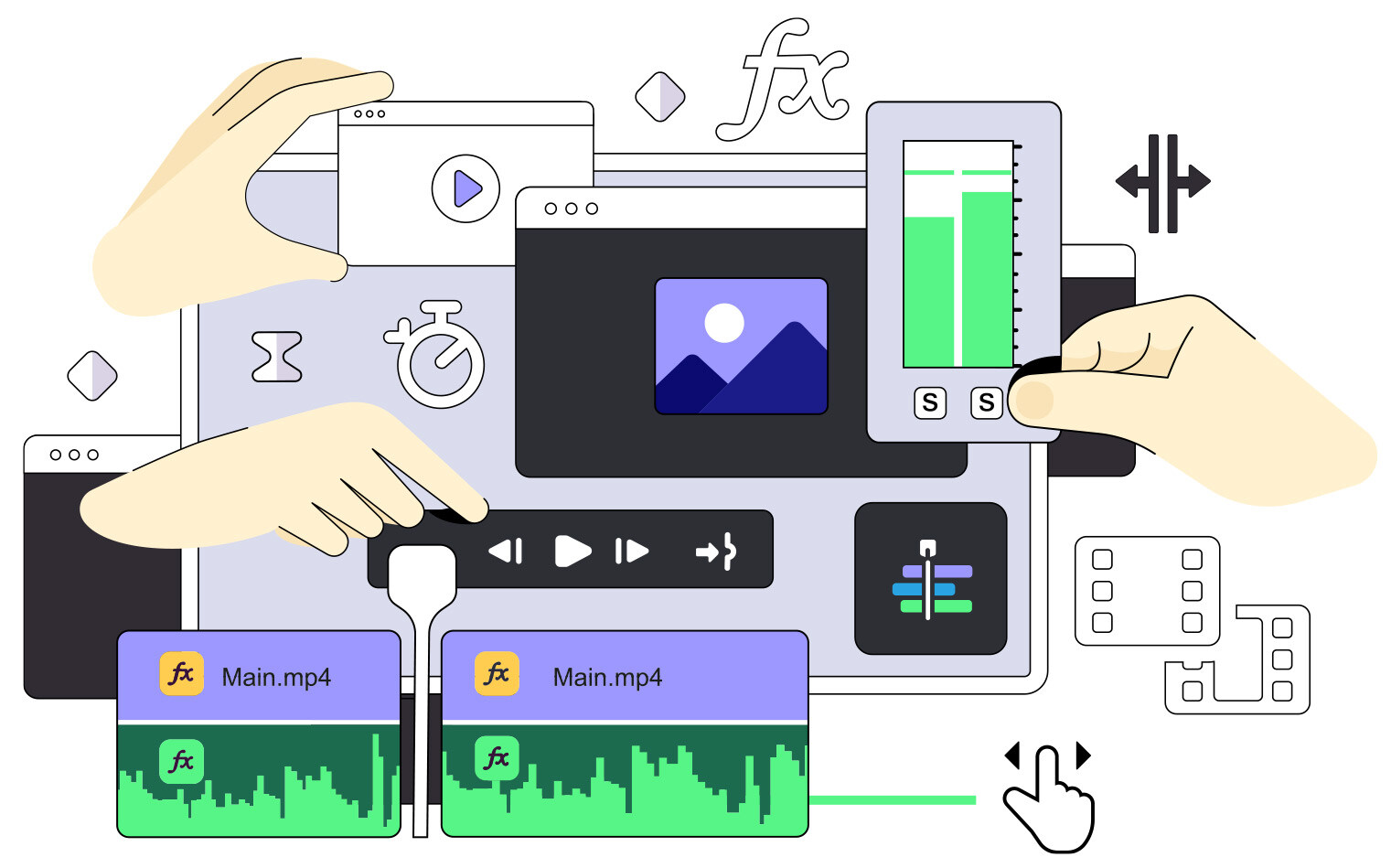 Graphic elements of video creation process - timeline, control buttons, audio adjustments, special effects