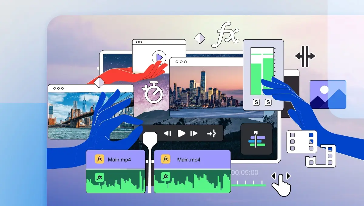 Hands adjusting video projects settings with video timetable and others