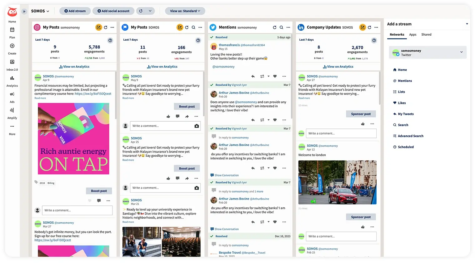 Hootsuite kanban dashboard view to social media content management