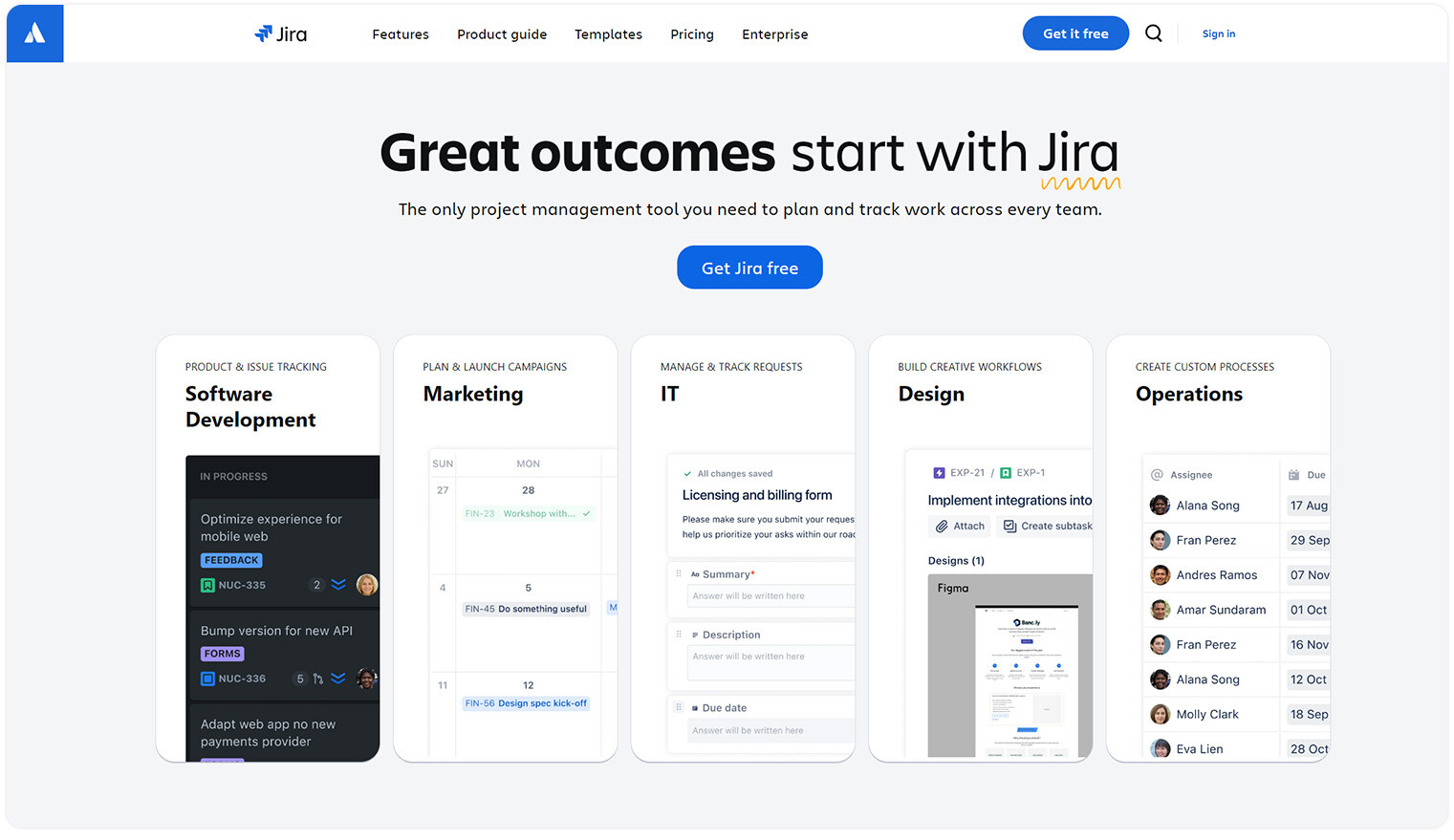 Jira main landing page with the title - Great outcomes start with Jira and app interface