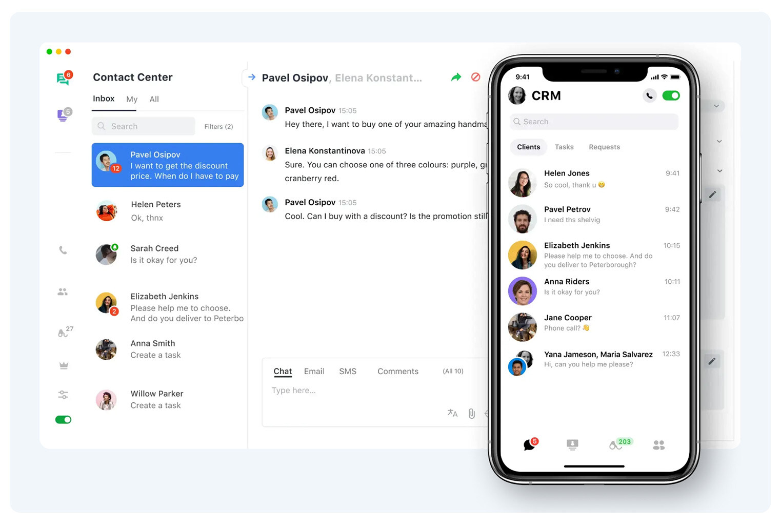 Jivochat CRM dashboard desktop and mobile view inbox