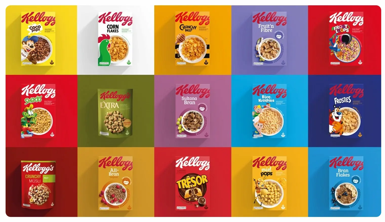 Kellogg rebranded cereal products boxes in different color palettes
