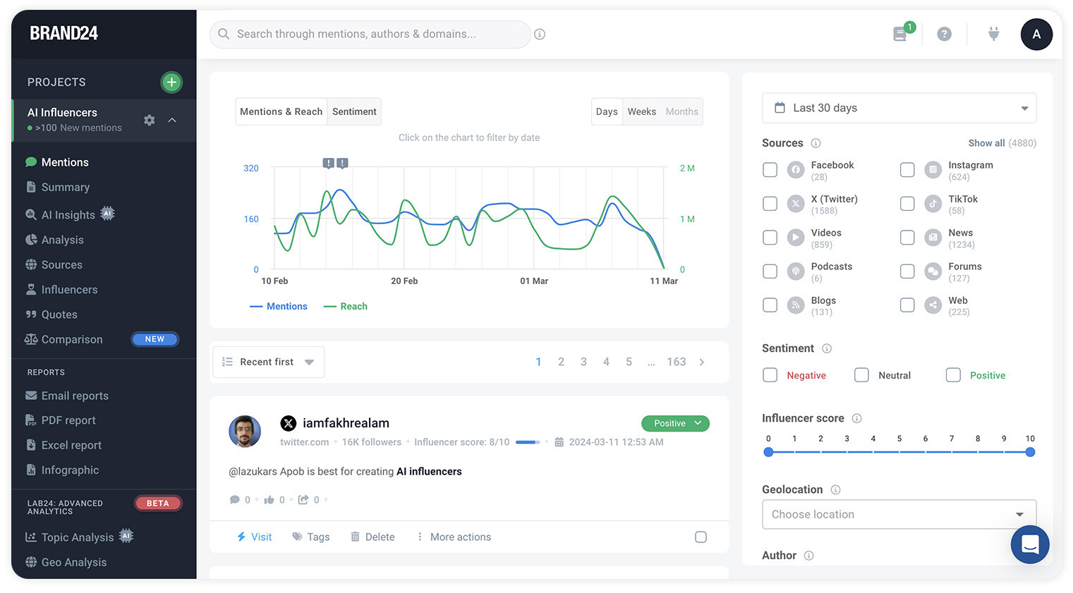 Main dashboard user layout of Brand24 online software as a service for brand management