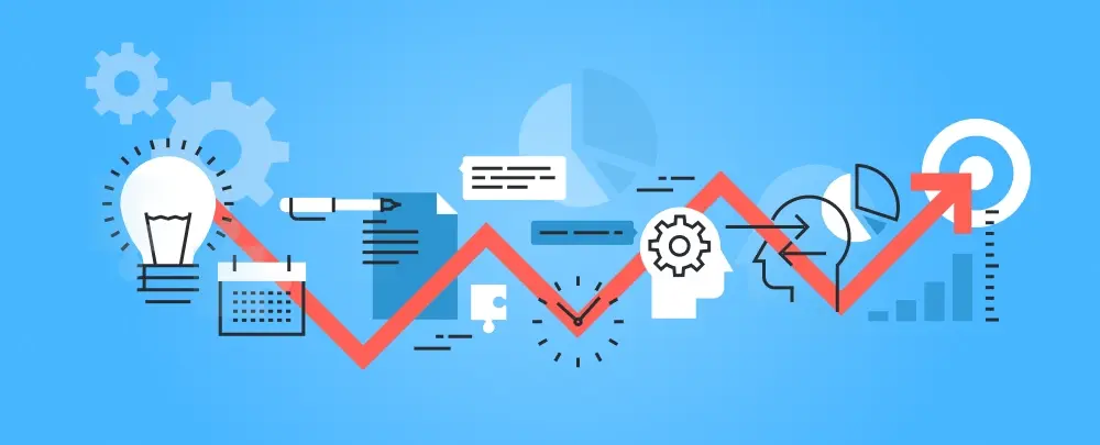 Marketing workflow management process visualized with chart and steps