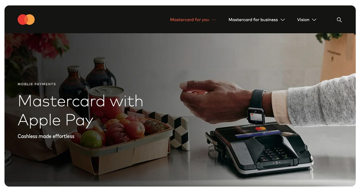 Mastercard with Apple Pay landing page with person paying using an apples watch