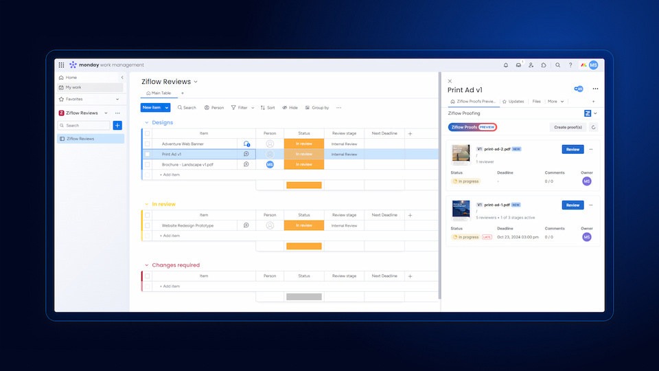 Monday and Ziflow integration screen in monday app