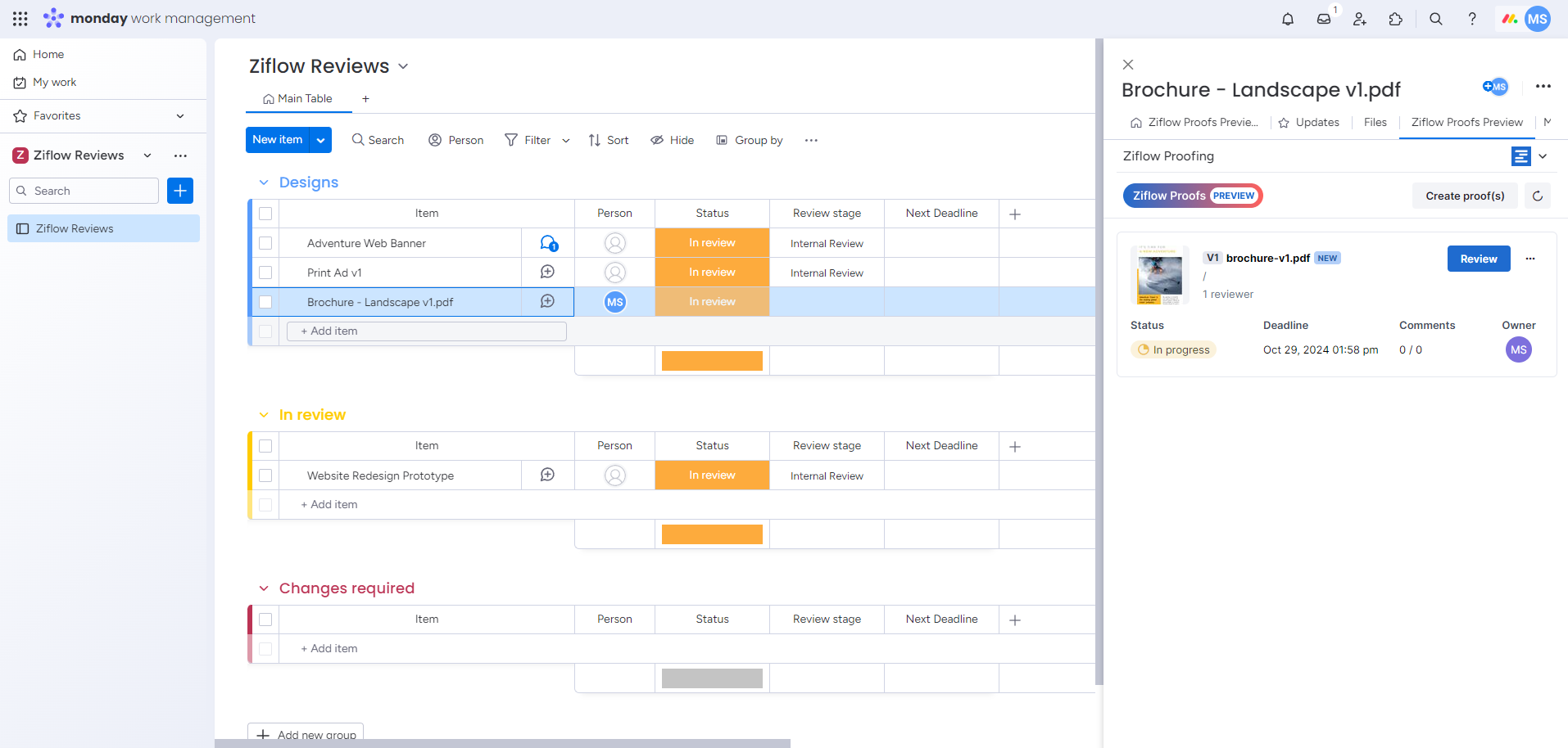 Monday application view of Ziflow integration sidebar options