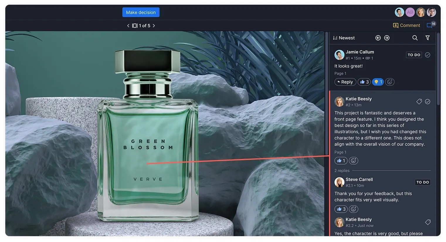 Perfume image with stones arrangement being reviewed in Ziflow proof viewer