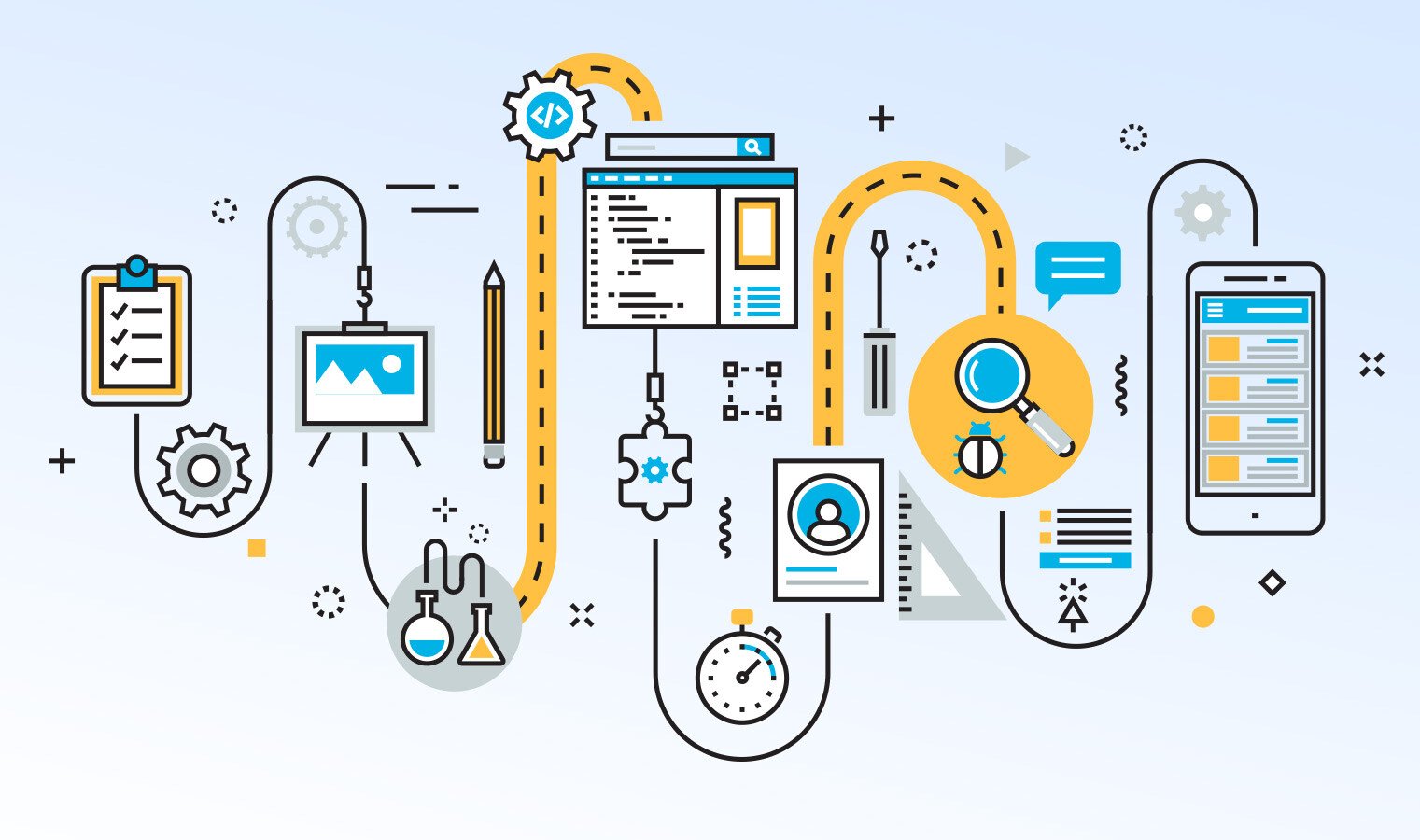 Phases of a collaborative design process for creative teams represented by symbols and production line