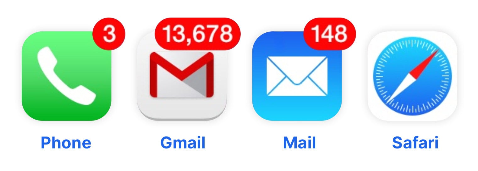 Phone, gmail, mail and safari applications icons on ios