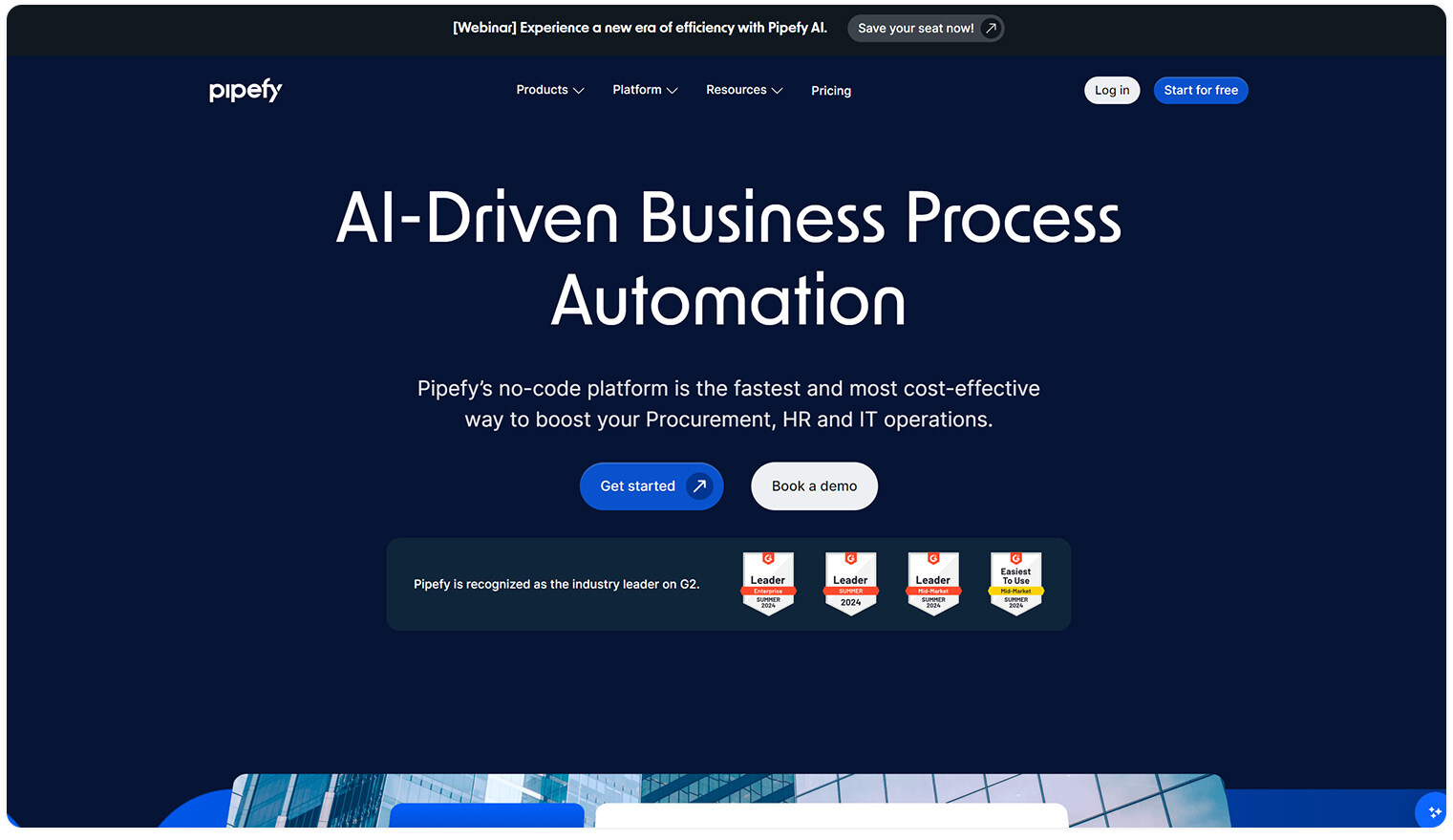 Pipefy AI-Driven Business Process Automation homepage header