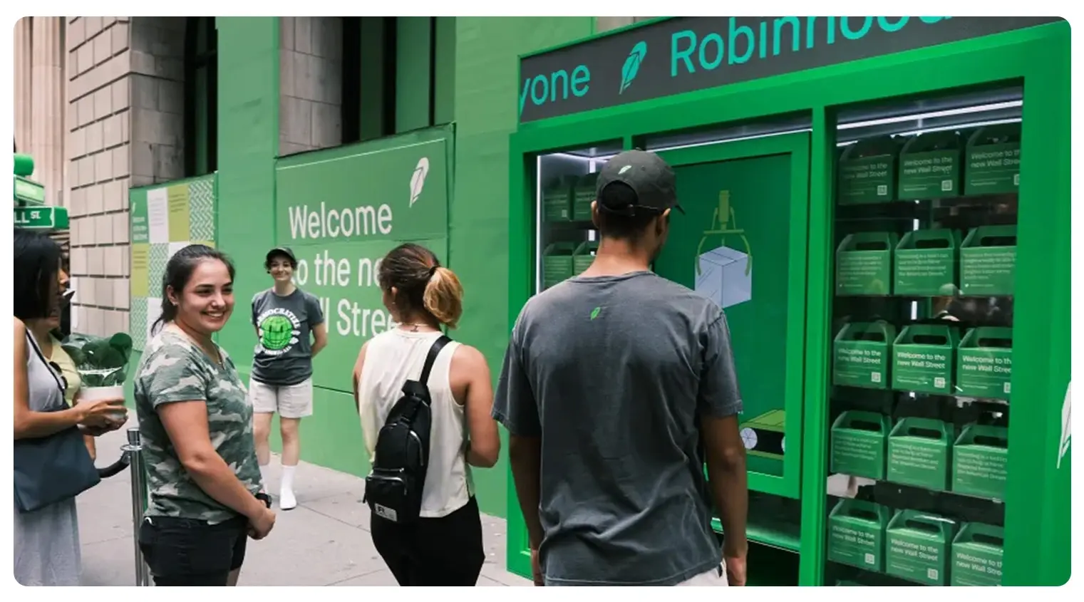 Robinhood vending machine for his product and people queuing