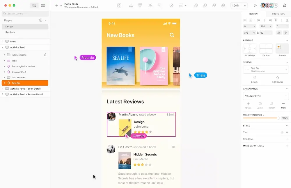 Sketch user interface with team collaborating on a content