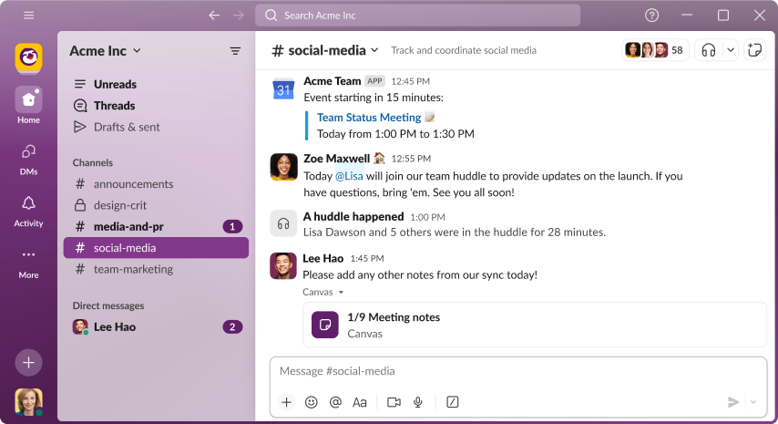 Slack interface display with channel messages and company workspace