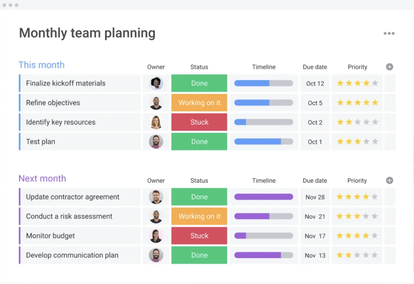 Team planning view in monday.com app list