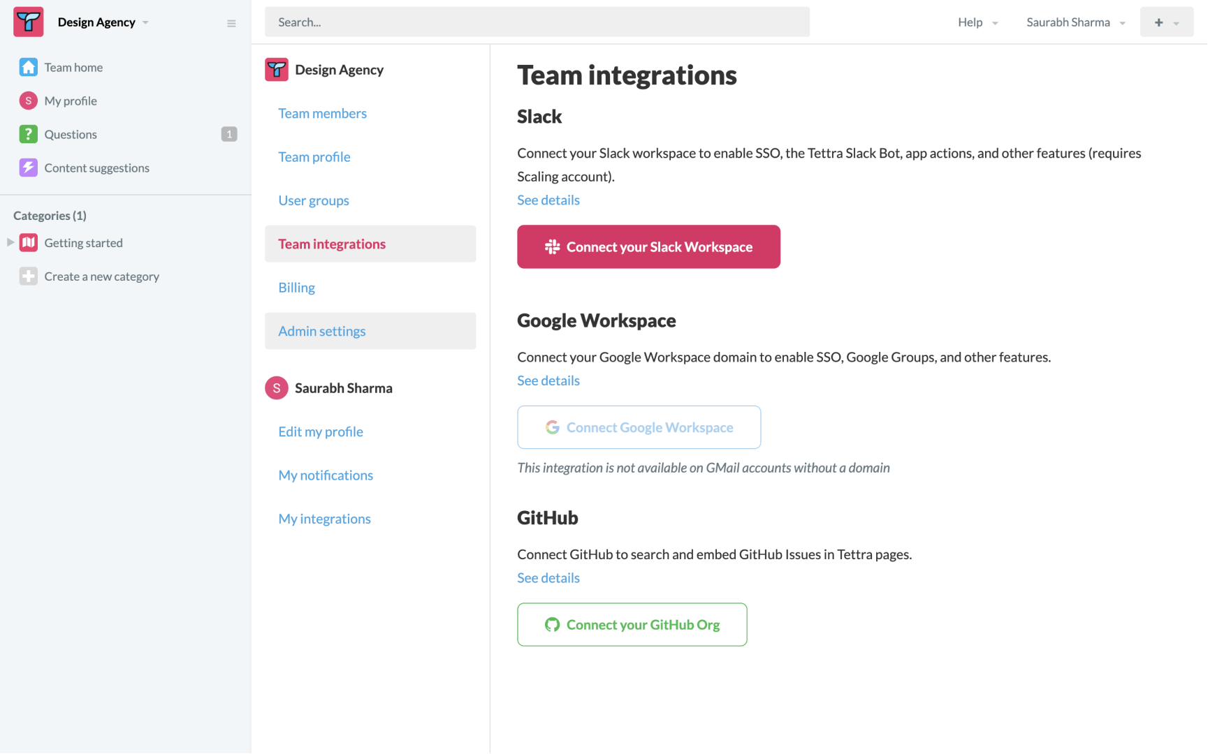Tettra app layout with team integrations feature and connecting slack workspace-1