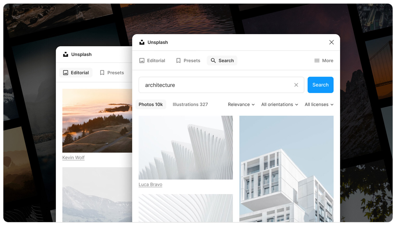 Unsplash application Search of content app user interface