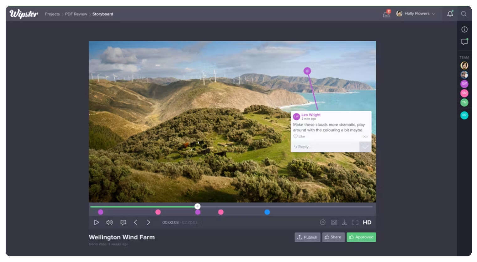 Wipster video review and approval platform main functionality application layout