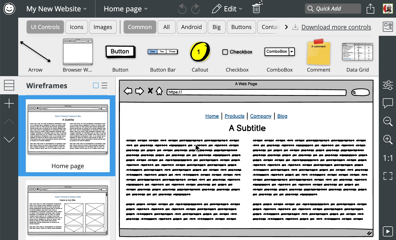 Wireframing software Balsamiq user interface view with a website mockup