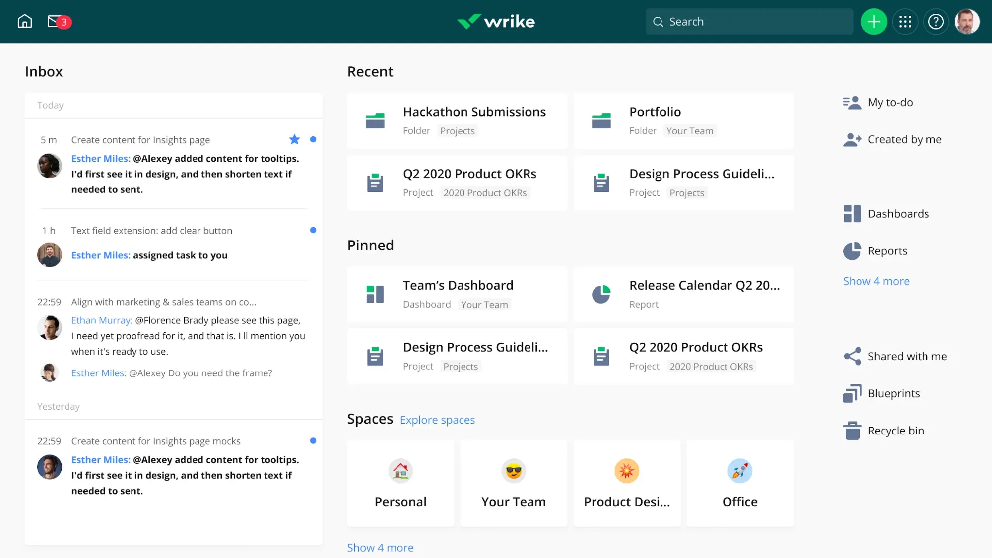 Wrike online feed view with inbox, recent, pinned, spaces and options sidebar