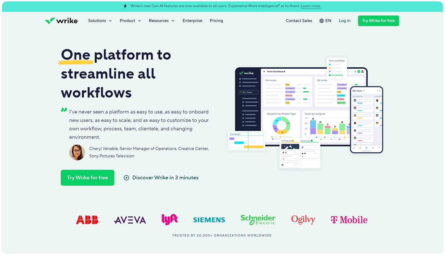 Wrike platform main website with title header - One platform to streamline all workflows