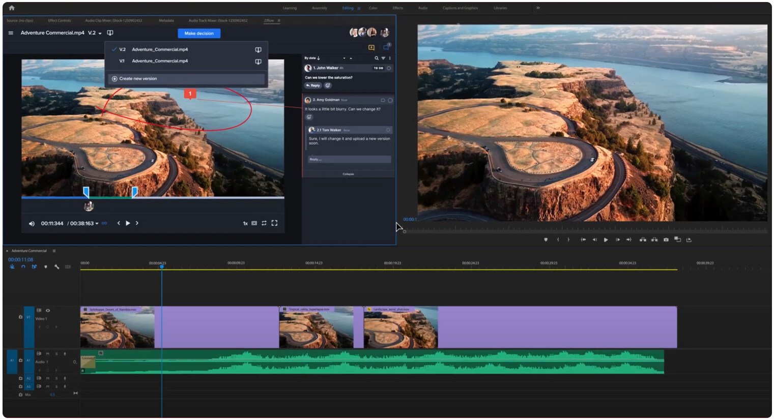 Ziflow and video editing program plugin user interface with versions comparison