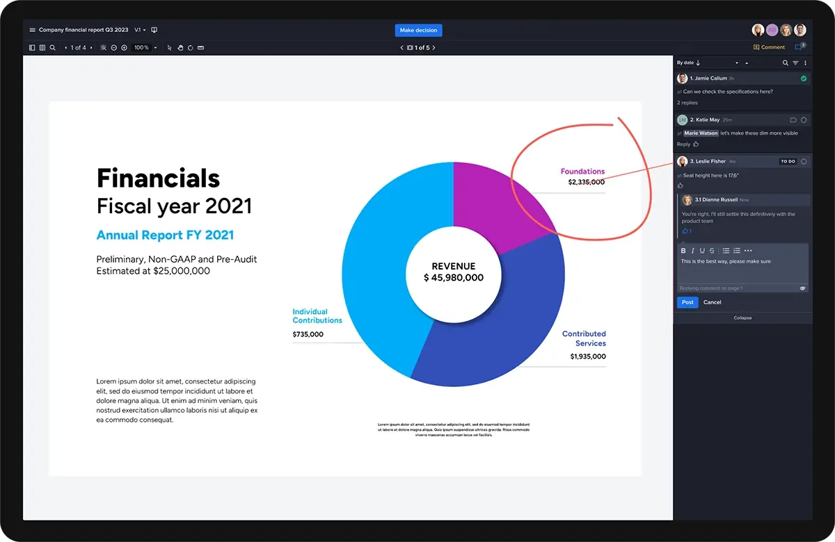 Ziflow for financial reports proofing user interface with comments