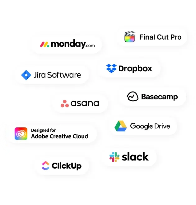 Ziflow integrates with many apps - adobe, google drive, slack, basecamp, final cut pro, monday icons