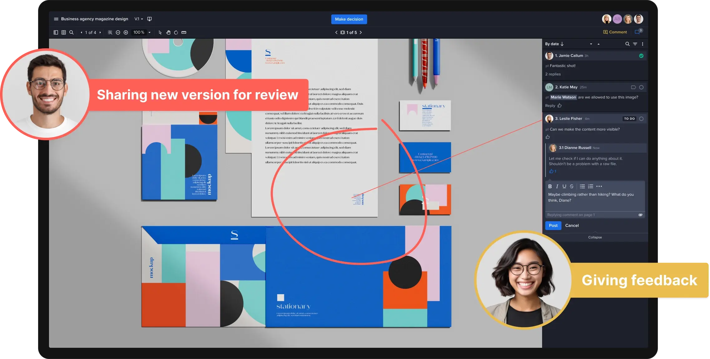 Ziflow main proof viewer dashboard with markup tool and decisions highlighted in a creative assets review process