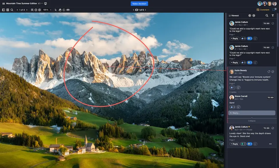 Ziflow main user interface proof viewer with commenting section and mountains photo