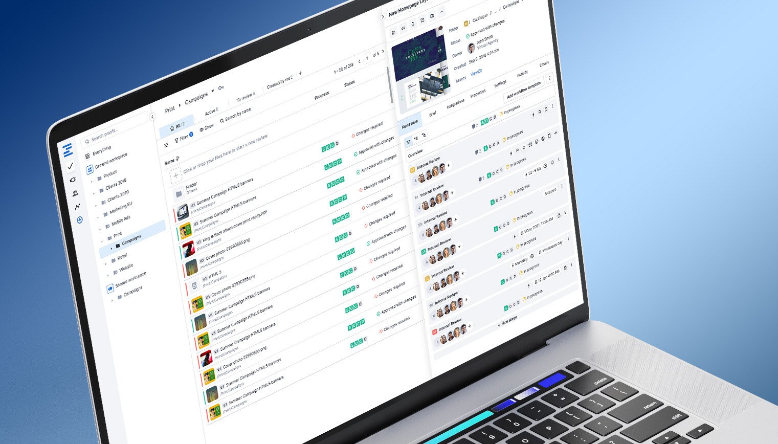 Ziflow proofs list and proof details sidebar displayed on a screen of a laptop in isometric view