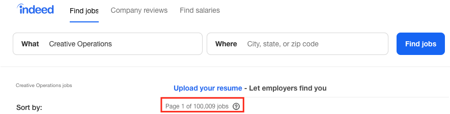indeed search navigation section - page 1 of 100000 jobs